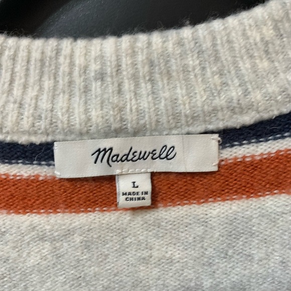 Madewell Wool-blend Gray V-Neck Sweater with Orange and Navy Stripes - Picture 3 of 7